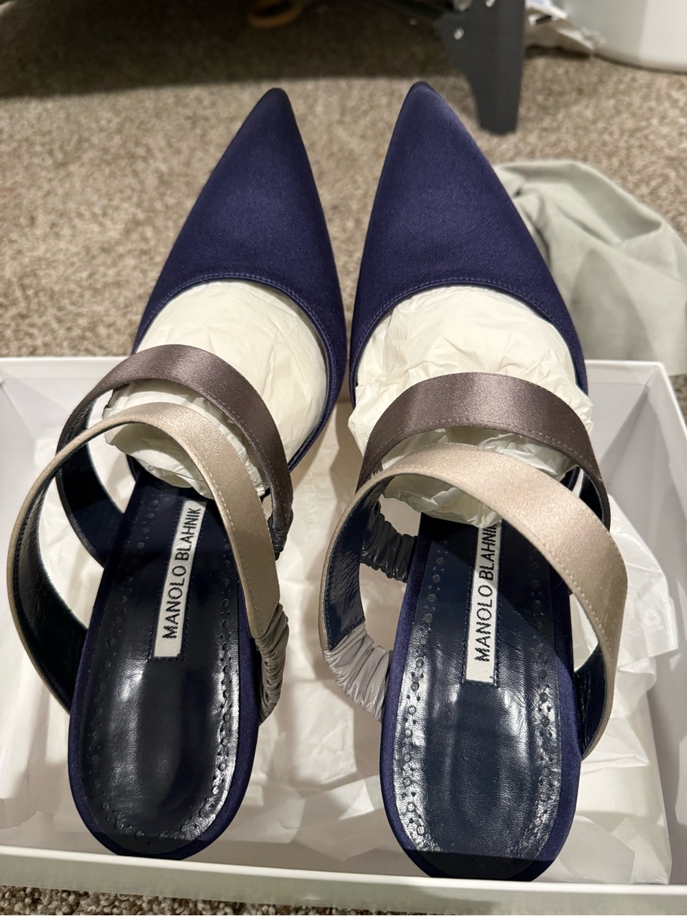 Manolo Blahnik Navy Satin Pointed Toe Mules with Beige and Taupe Straps